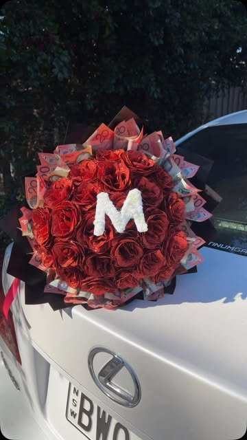 Red rose money bouquet with letter M